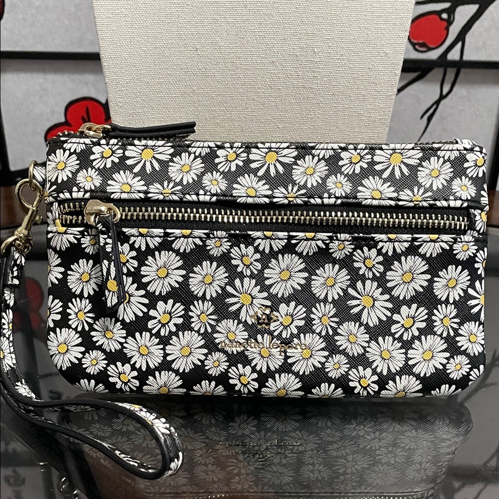 Nanette Lepore Black Daisy Print Wristlet Clutch with Yellow Centers